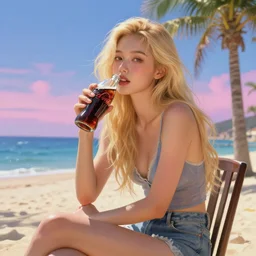 a beautiful blond asian girl on chair hold coke in mediterranean beach, palm tree, majoy dreamlike sky,, cinematic lighting, highly detailed, digital painting, trending on artstation, pixiv, masterpiece, concept art, sharp focus, laura sava illustration, art by ross tran and wlop, ilya kuvshinov, jeremiah ketner, medium shot