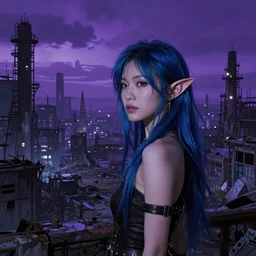 stunning, breathtaking, awe-inspiring award-winning concept art of an attractive young asian elf woman with pointy ears and blue hair in an endlessly sprawling desolate abandoned post-apocalyptic industrial city at night, extremely moody purple lighting, cinematic, by Frank Frazetta, by Artgerm, 8K