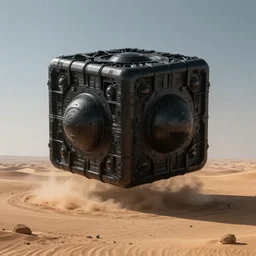 high quality dslr photograph of a mysterious gigantic black cube, perfectly square, made by aliens, emerging from the middle of a barren desert. alien structure, masterpiece, stunning, amazing, super resolution. atmospheric, Extremely detailed, trending on ArtStation