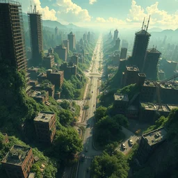 a stylized 2 d cinematic keyframe of a post - apocalyptic city covered by nature roads seen from above debris, abandoned, joy gaze, cel - shaded, classical animation, edge - to - edge print, rendered by studio ghibli, artgerm, alyssa monks, andreas rocha, david kassan, neil blevins, rule of thirds, golden ratio, ambient lighting, artgerm