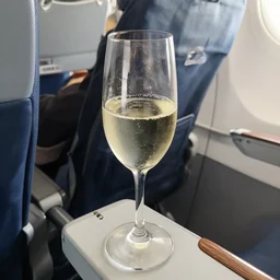 looking down at my glass of bubbly wine in premium economy, aeroplane seat, photorealism, highly detailed, wooden armrest, white wine, focus blur, washed out colour