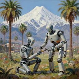 natural american landscape | robot repairing another robot | palm trees | snowy mountains, painting by syd mead and weta studio and james jean, frank frazetta, highly detailed, rule of third, soft lighting, 8 k resolution, oil on canvas, architectural magazine, beautiful detailed, insanely intricate details, artstation trending, hypermaximalistic, high details, cinematic