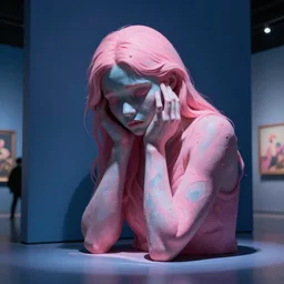 despair personified, pink, blue, artwork, museum