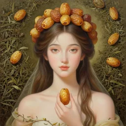 epic painting, full figure portrait of beautiful goddess with with few golden sweet dried dates fruits, medjool dates, dried dates crown,, many tea leaves background, golden glow background, drawing, photography by amy leibowitz, wlop, jeremy lipkin, beeple, intricate golden fractals, brown hair, symmetrical front portrait, artgerm