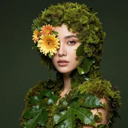 a stunningly beautiful female model covered in leaves and moss with half her face is flowers