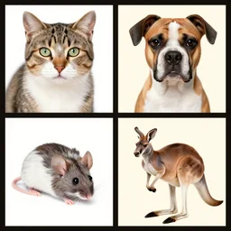 cat ( ( top left ) ) dog ( ( top right ) ) mouse ( ( bottom left ) ) kangaroo ( ( bottom right ) )