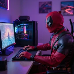 film still of Deadpool working as a twitch streamer next to his RGB gaming PC in his neon lit bedroom in the new Deadpool movie, 4k