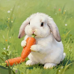 beautiful painting, floppy eared bunny in a grassy field eating carrots, white with black spots, happy, trending on artstation