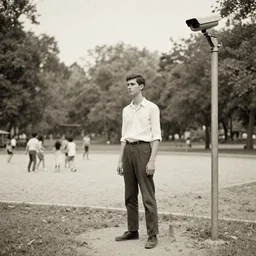 slenderman standing in a park where kids are playing, cctv, old picture