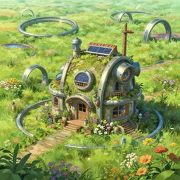 detailed photo of small solarpunk house, fields of flowers, metal rings!!!!!, grassy, futuristic, 8 k, by studio ghibli, alena aenami, trending on deviantart, hyper detailed, beautiful lighting, epic environment