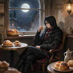 bloodborne hunter relaxing in a cozy yharnam coffee shop, surrounded by bread, cookies, and pastry, moonlight streaming through the window, faint dust in the air, 4k