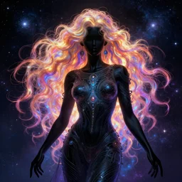 The God of Music, ebony body, long glowing colourful curly hair, galaxy background, digital art, detailed, intricate