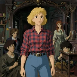 portrait of a woman searching a haunted house, blonde, plaid shirt, jeans, horror, film still, finely detailed features, baroque, digital painting, studio ghibli, tankobon, painted by ilya kuvshinov and krenz cushart and william - adolphe bouguereau and alphonse mucha