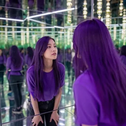 purple aki looking at himself in infinite mirrors