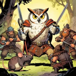 graphic novel about grumpy owl mercenary fighting with rat barbarians, colourful, by arthur adams and greg rutkowski