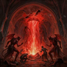a chapel's ceiling is broken in half as a red magical portal from hell opens up there and demons with lucifer start pouring in. highly detailed painting by gaston bussiere, greg rutkowski, craig mullins 8 k