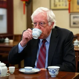 bernie sanders drinking chinese tea in a chinese teahouse