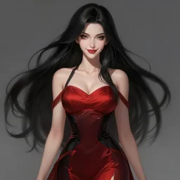 a highly detailed illustration of elegant beautiful long black hair white woman wearing a red and black dress, dramatic smile pose, perfect face, intricate, elegant, highly detailed, centered, digital painting, artstation, concept art, smooth, sharp focus, league of legends concept art, WLOP