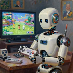 an elaborate robot holding a retro game controller in its hand, on screen video game shown in background, pixar animation, intricate details, hyperrealistic oil painting on canvas, deep depth field, hd, hdr, 4 k, 8 k, by gerardo dottori and simon stalenhag and monet, oil on canvas