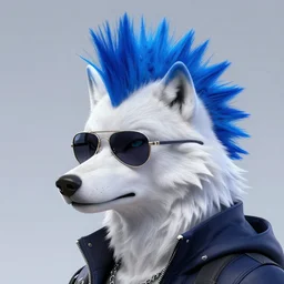 White Wolf, blue mohawk hairstyle, wearing aviator sunglasses, synthwave style, artstation, award winning