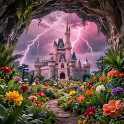 inside a cave with hyper - realistic garden of bright coloured natural flowers and ferns : 4, overlooking a castle with pink lightning clouds : 1, highly symmetrical, balanced, lightning clouds : 6, octane render, in the style of sahm : 3, hd, 4 k, ultra - realistic, in unreal engine
