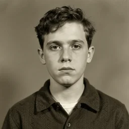 A portrait of special needs Logan Paul. blank stare. 1940s photograph. cursed and haunted. double chin.