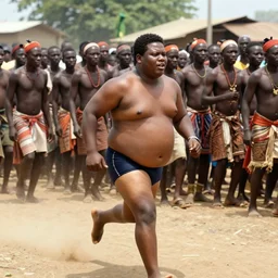 mini - dv still of a large fat man in a swimsuit chasing a crowd of african tribesmen