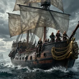 a group of dnd adventurers aboard a galleon in the middle of a cataclysm, epic, fantasy, artstation, hd