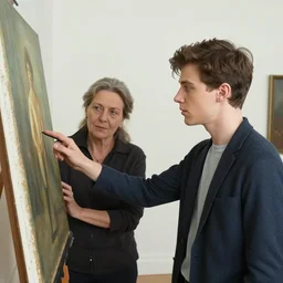 of actor robert bloch as a young man discussing a painting with his mother who is a skeleton dressed up. black and white photo