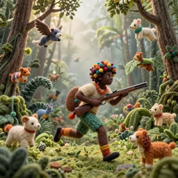 a wide angle action portrait of an african hunter with a colorful afro running through the jungle on a foggy day, by goro fujita, mark ryden and lisa frank, felt texture, volumetric wool felting, radiant light, amigurumi animals flying around, macro photography, miniature world, depth of field