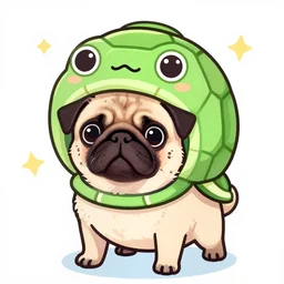 a cute pug wearing a cute turtle outfit, digital art, colourful