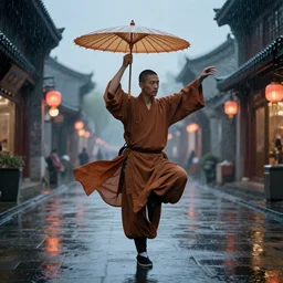 a shaolin monk, dancing in the rain with an umbrella, beijing street, evening, art by artgerm