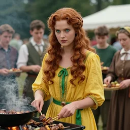 an image of a queen with tan skin long rippling cinnamon hair and emerald colored eyes in a medium full shot, vintage historical fantasy 1 9 3 0 s kodachrome slide german and eastern european mix. the queen is pictured attending a barbecue for youth volunteers. she is dressed in a yellow dress paired with green accessories. ultra realistic, photorealistic, octane render, ray cinematic, cinema, hyper realistic, depth of field, cinematic lighting, photorealism, 8 k render, clarity, unreal engine.
