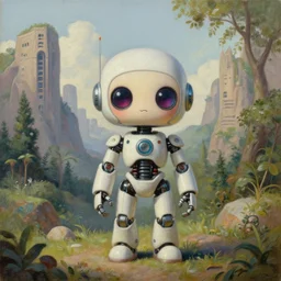 natural landscape | cute cyborg standing in front of, painting by syd mead, highly detailed, rule of third, soft lighting, 8 k resolution, oil on canvas, architectural magazine, beautiful detailed, insanely intricate details, artstation trending
