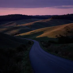 a road weaving through rolling hills from the edge of a forest at dusk. perspective landscape fantasy. high contrast, strong shadows. deep colorful soft gradients, dark surroundings. by norman rockwell and eyvind earle. artstation