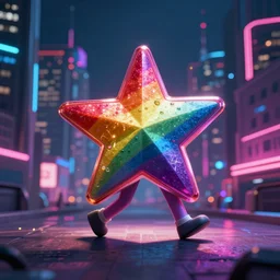 rainbow star with legs walking in the neon city