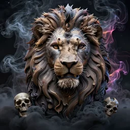 a beautiful detailed 3 d matte portrait of a lion made of whirling dark smoke, ominous, dark cloud, magical realism, texture, intricate, skull, skeleton, whirling smoke radiant colors, fantasy, volumetric lighting, high details