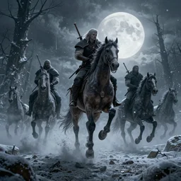 the wild hunt, wraiths riding in the sky, mares of diomedes, bad omen, enchanted forest, blizzard storm, fog, full moon, snowy environment, in the style of the witcher series, hyperrealism, atmospheric, cinematic, uneasy, breathtaking, award winning, groundbreaking, octane render, unreal 5, intricate digital art, sharp focus, 8 k
