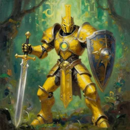 full body, attack position abstract painting in lush fantasy environment of a ornate holy mechanical warforged with circular glowing eye, character in yellow armor holding a legendary paladin engraved holy great longsword and carrying a huge heavy paladin shield, vertically flat head, face in focus, epic , trending on ArtStation, masterpiece, cinematic lighting, by Delphin Enjolras and by Ruan Jia and by Greg Rutkowski