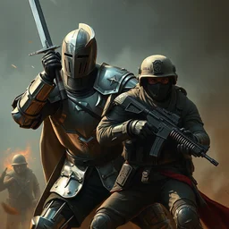 a 1 5 th century knight in full plate armor fighting a modern 2 0 th century us american army soldier holding an assault rifle highly detailed, digital painting, artstation, concept art, sharp focus, illustration, cinematic lighting, art by ruan jia, artgerm and greg rutkowski and alphonse mucha