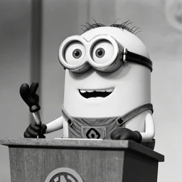 a minion from despicable me ( 2 0 1 0 ) as an authoritarian leader giving a political speech in a lectern, black and white photography, 1 9 6 0 s, historical, high quality