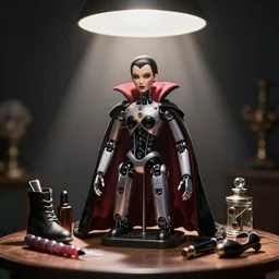 lovely realistic robotic high end vampire fashion doll and accessories, on a table under a lamp light shining down over it like a spot light, god rays, dust particles, photorealistic, aesthetic shot, worms eye view, macro camera lens, high definition, thematic, cinematic, lens flare
