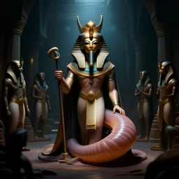 godlike nematode. godking. weakening. surrounded by his followers. shadow realm. egyptian