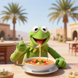 kermit spipping a moroccan soup in jamae lfna, morocco, palm trees