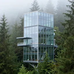 glass skyscraper treehouse in the misty forest at 2875 adanac.st vanvcouver,british columbia,canada