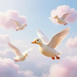 flying ducks, cotton candy clouds in background, soft lighting, bright environment, fog, nft - style art, cartoon, detailed