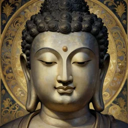 buddha closeup filled background around face, fantasy magic, undercut hairstyle, dark light night, intricate, elegant, sharp focus, illustration, highly detailed, digital painting, concept art, matte, art by wlop and artgerm and greg rutkowski and alphonse mucha, masterpiece