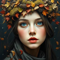 wide portrait of beautiful girl by irakli nadar with intricate detailed color smashing fluid oil paint and acrylic, dried moss and dried autumn leaves headdress, melting wax, mycelia, abstract impressionism, ruan jia, fantasy, hyper detailed, concept art, by gustav klimt