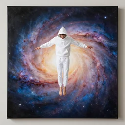 guy with white hoodie levitates in the center of the galaxy painting
