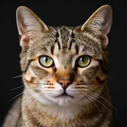 extreme close-up portrait of a tabby cat looking into the camera, studio lighting